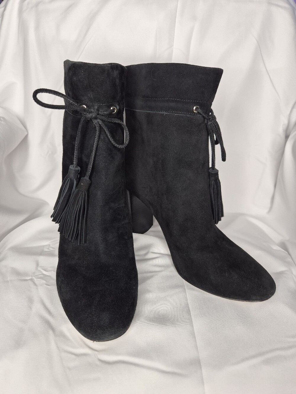 Kate Spade Hillie Black Suede Block Heel Tassel Ankle Booties Size 8M
